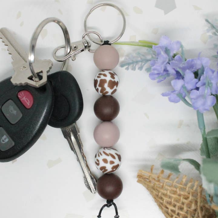 Brown Cow Print Silicone Beaded Keychain for wholesale by Kaysticks.co