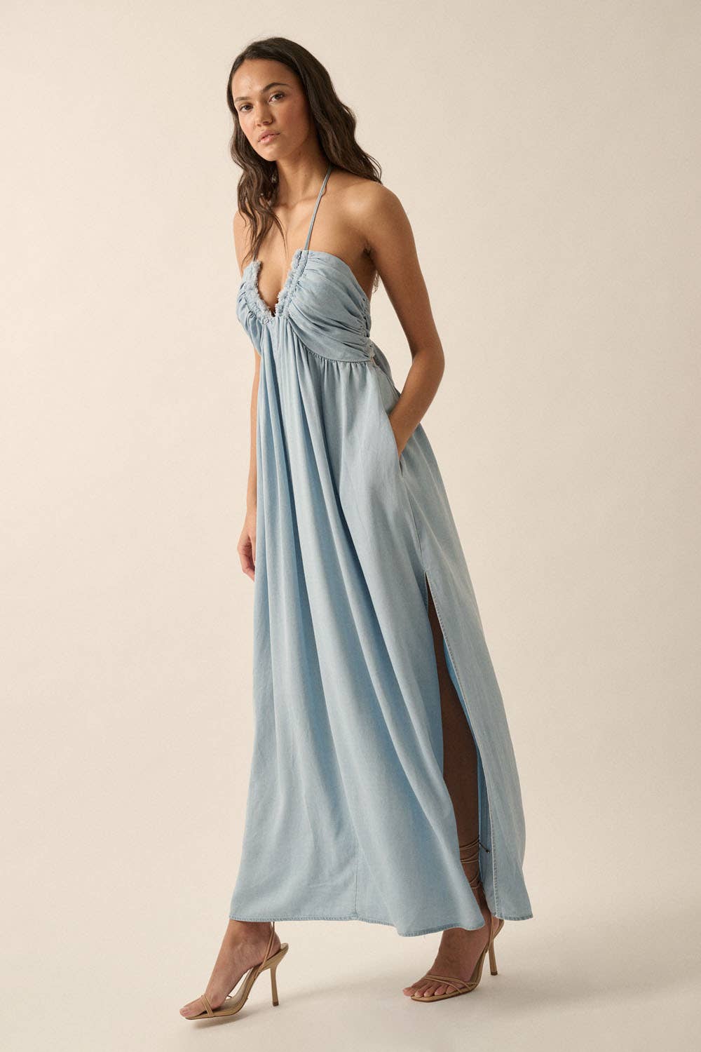 LIGHT CHAMBRAY Plunging Halter-Neck Solid Denim Maxi Dress for wholesale on Faire4