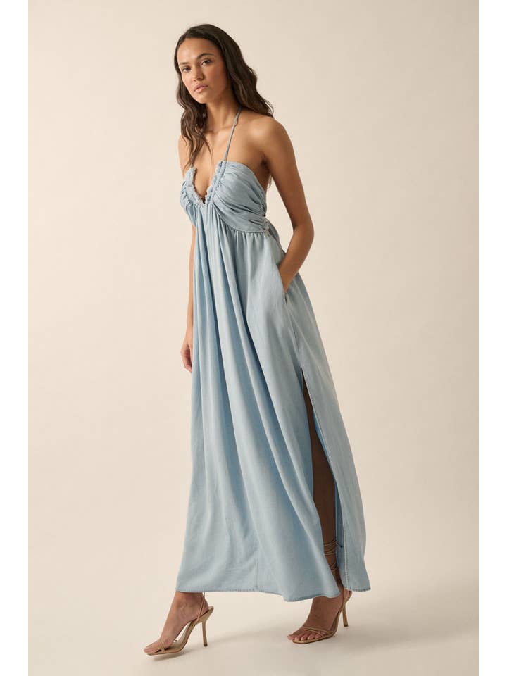 LIGHT CHAMBRAY Plunging Halter-Neck Solid Denim Maxi Dress for wholesale on Faire4