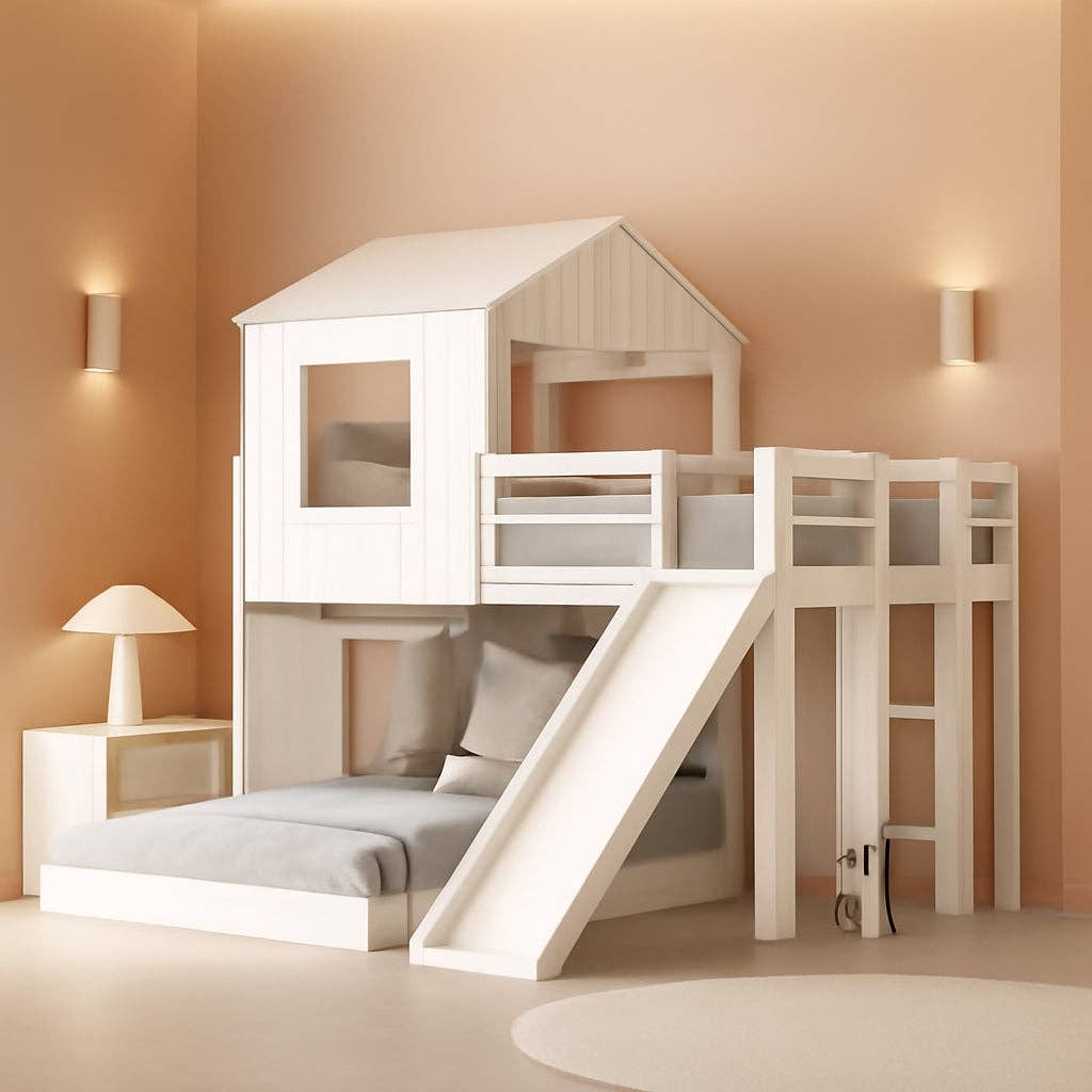 Twin Over Full Bunk Bed With Slide With Guardrails White for wholesale on Faire0