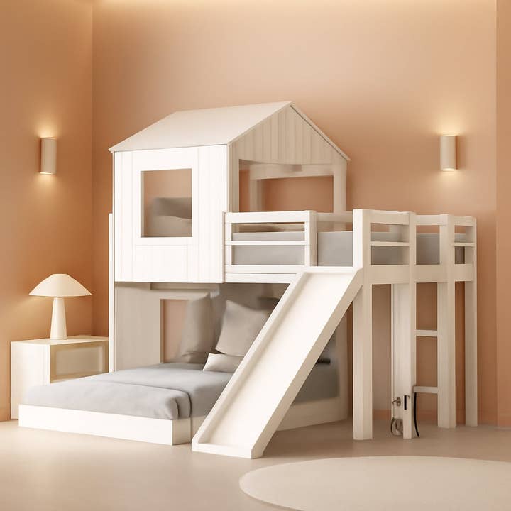 Twin Over Full Bunk Bed With Slide With Guardrails White for wholesale on Faire