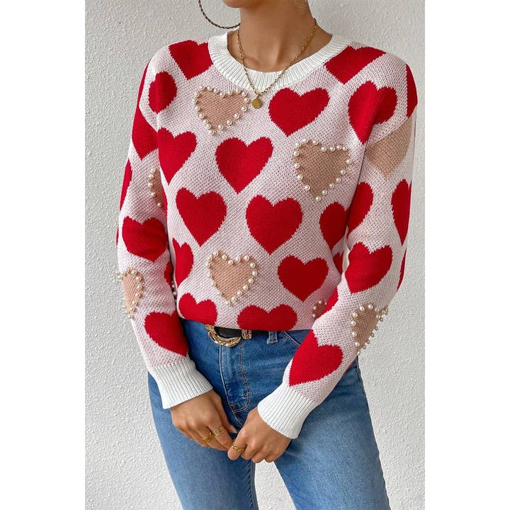 RED Round Neck Heart Shape Pearl Beads Knit Sweater for wholesale on Faire
