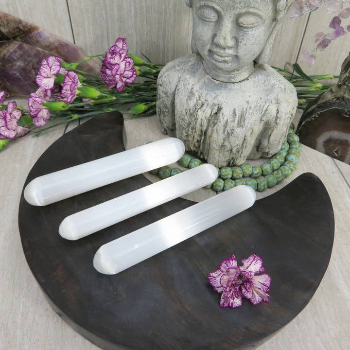 Rock Paradise - Wholesale Spiritual Stone/Crystal - Selenite Crystal Wand - Blunt Ends - Polished Selenite Massage Wand (RK5-46)
