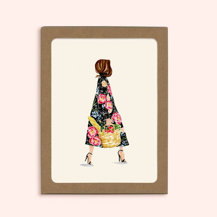 Floral Baguette Market Girl | Boxed Set of 6 Greeting Cards for wholesale by Almeida Illustrations