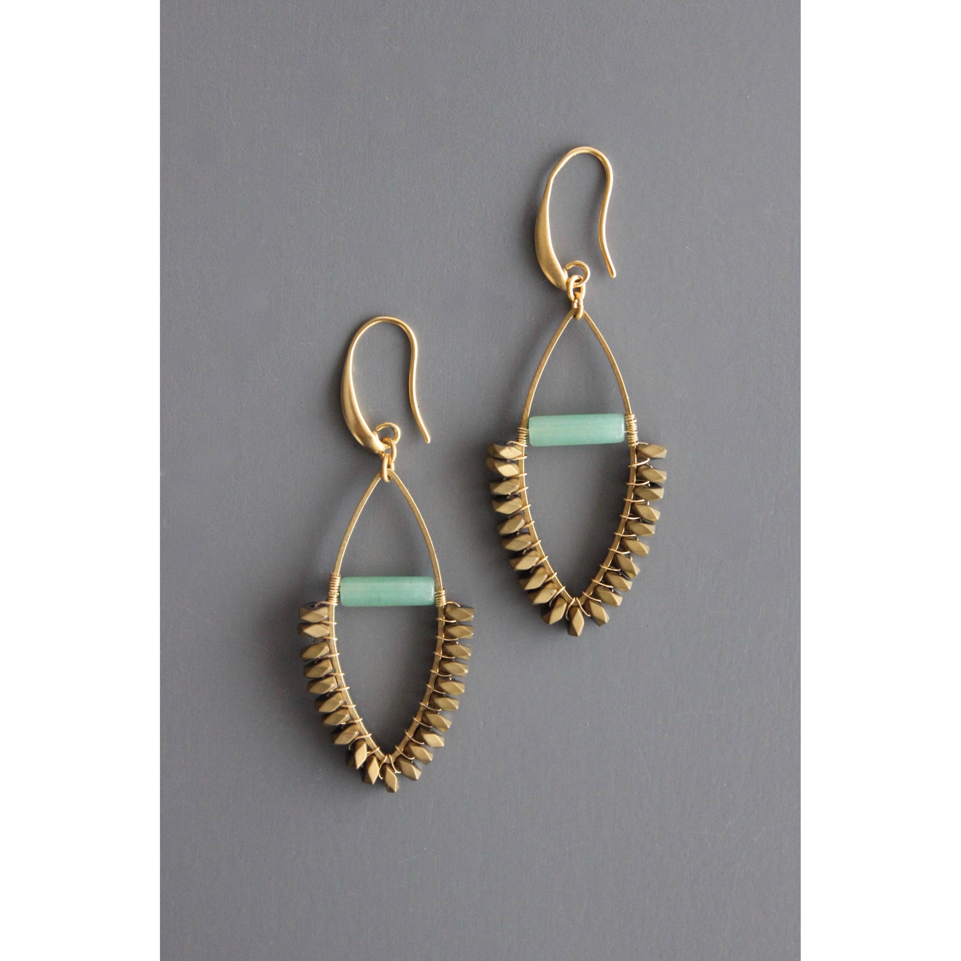 David Aubrey Jewelry - Wholesale Dangle Earrings - BKNE21 Jade and gold hematite wire wrapped earrings