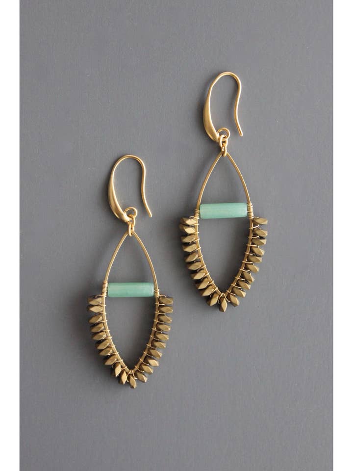BKNE21 Jade and gold hematite wire wrapped earrings for wholesale by David Aubrey Jewelry