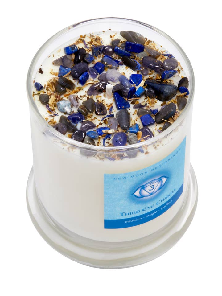 Third Eye Chakra Candle - Soy Herb, Flower, & Crystal Candle for wholesale by New Moon Beginnings