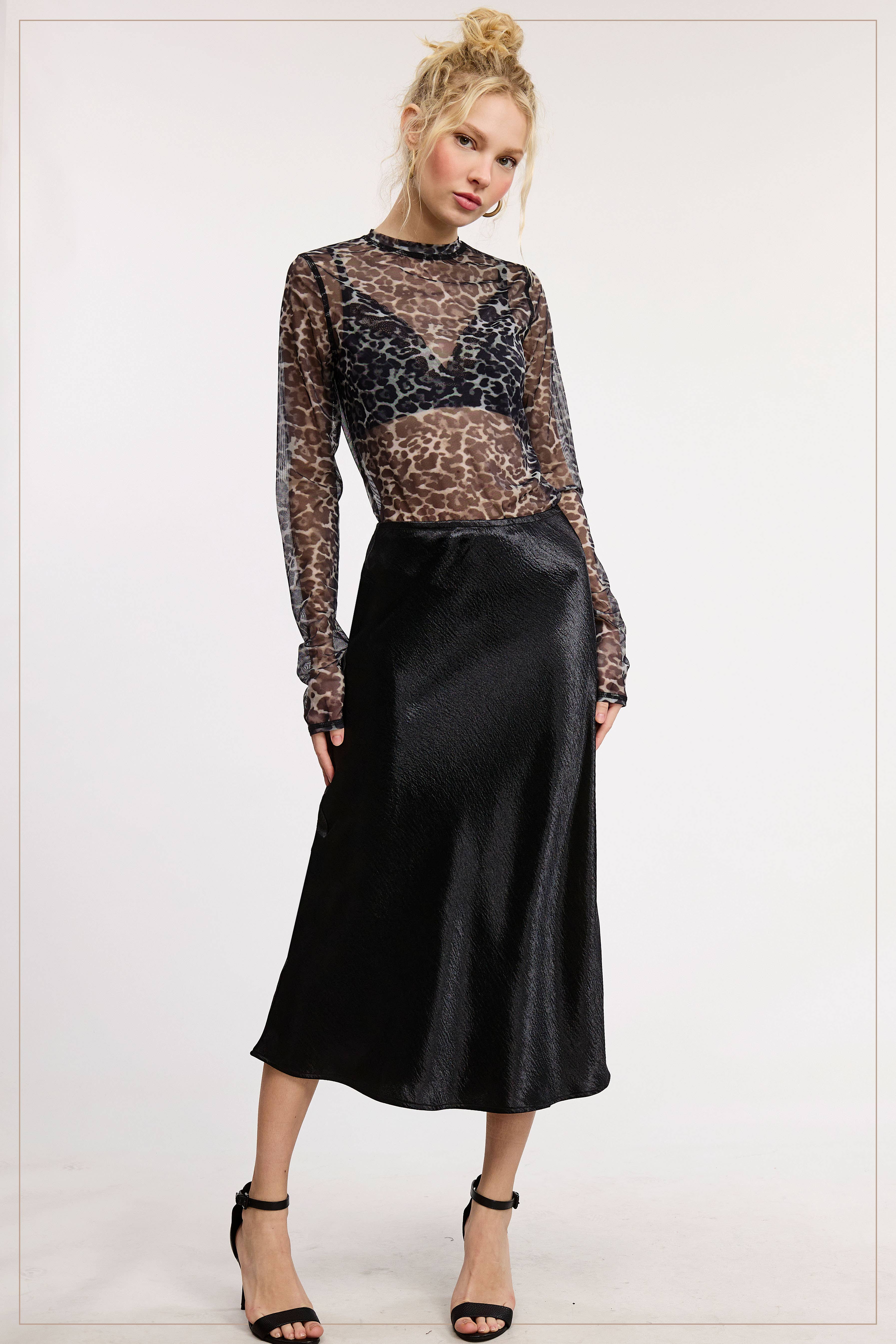 La Miel - Wholesale Skirt - Women's - JBP4222-High-Waisted Midi Length Satin Effect Solid Skirt8