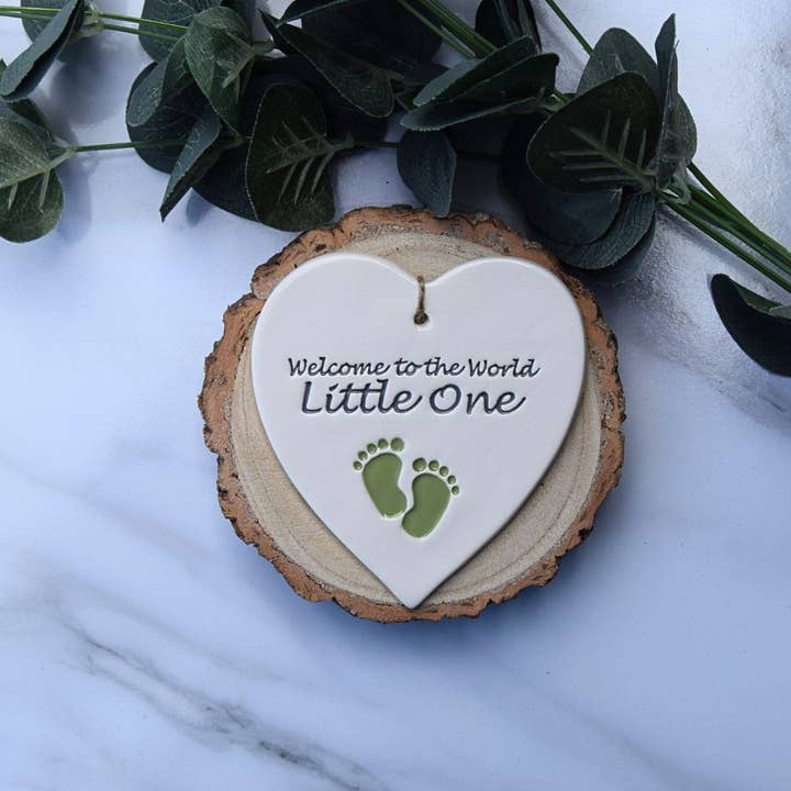 Baby - Welcome to the World - Green - Handmade ceramic heart for wholesale by Broadlands Pottery