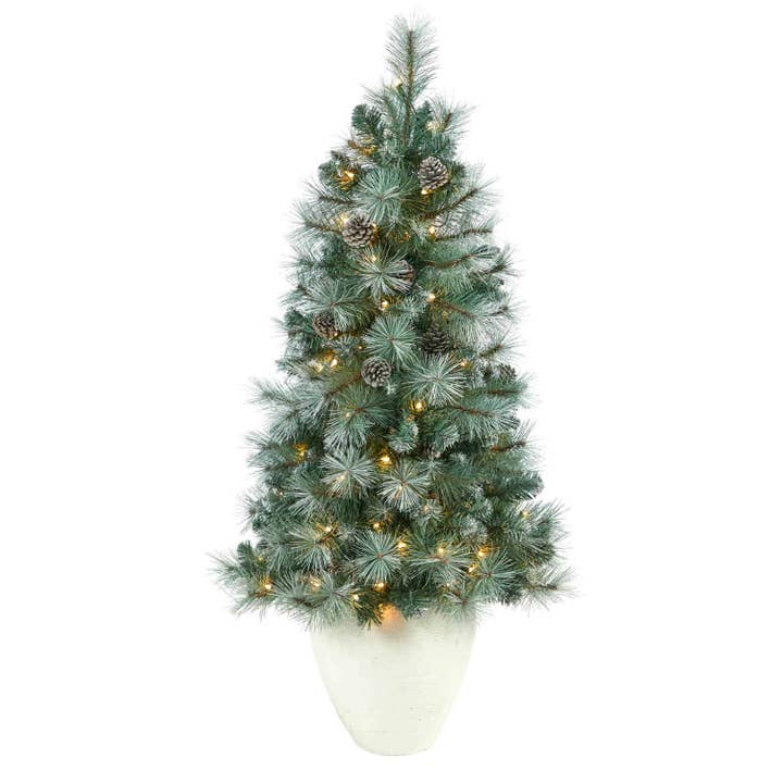 50” Frosted Tip British Columbia Mountain Pine Artificial Christmas Tree with 100 Clear Lights, Pine Cones and 228 Bendable Branches in White Planter for wholesale by Silk Flower Depot