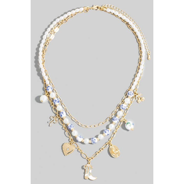 The Looks by Fame Accessories - Wholesale Pendant/Charm Necklace - Western Heart Charms Floral Ceramic Beaded Necklace
