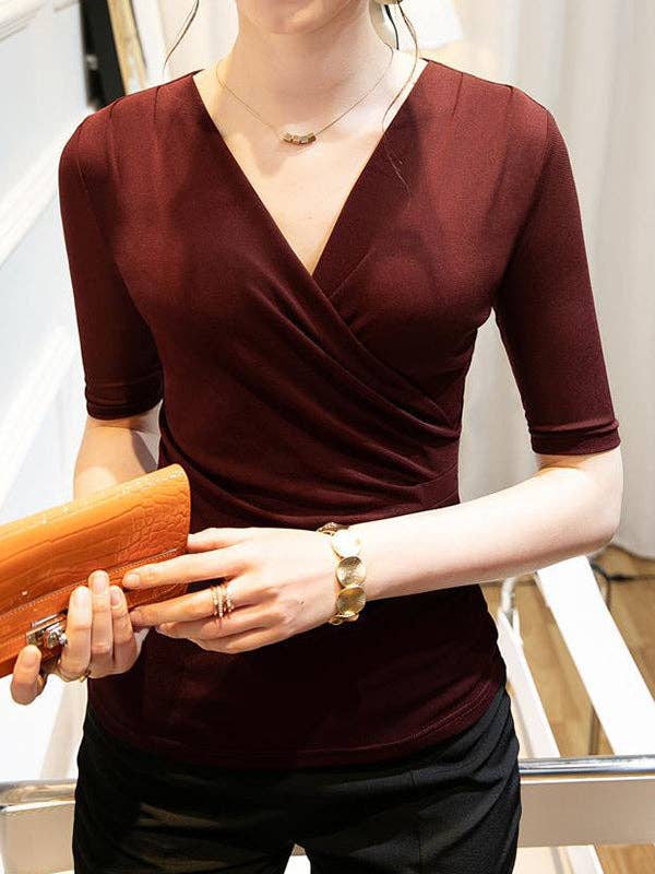 Mirazshoes WholeSale - Wholesale Blouse - Women's - Half Sleeves Skinny Pleated Solid Color V-Neck T-Shirts Tops15