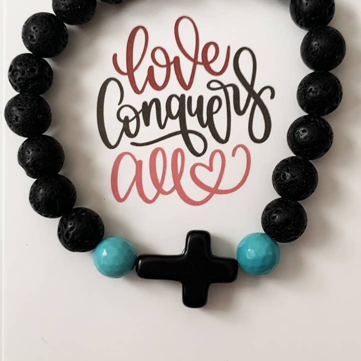 Faithstrings - Wholesale Beaded Bracelet - Christian Gift Lava Bead Bracelet Black Cross Turquoise Love