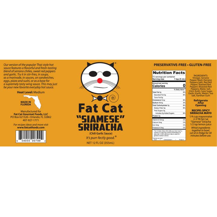 Fat Cat - Vendita all'ingrosso Salse piccanti - Salsa piccante all'aglio e peperoncino siamese Sriracha (1/2 astuccio - 6 ct)