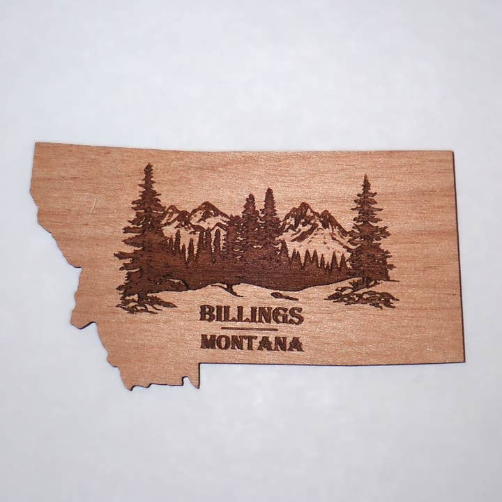 Montana Mountain Scene Alder Wood Magnet - Customizable for wholesale by River's Edge Gourmet Foods
