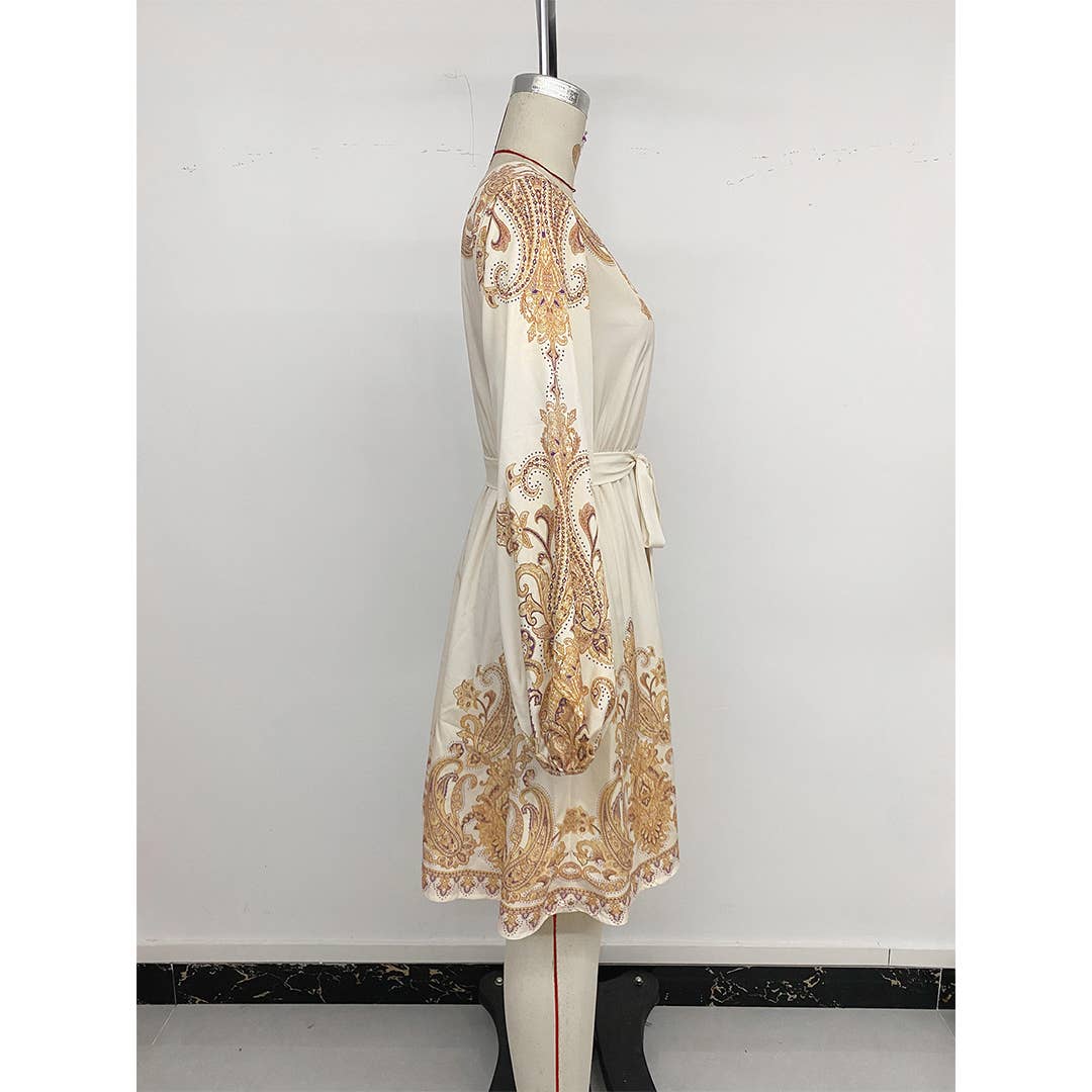 Apricot Elegant Ethnic Vintage V-Neck Paisley Print Dress BFZY1651 for wholesale on Faire5