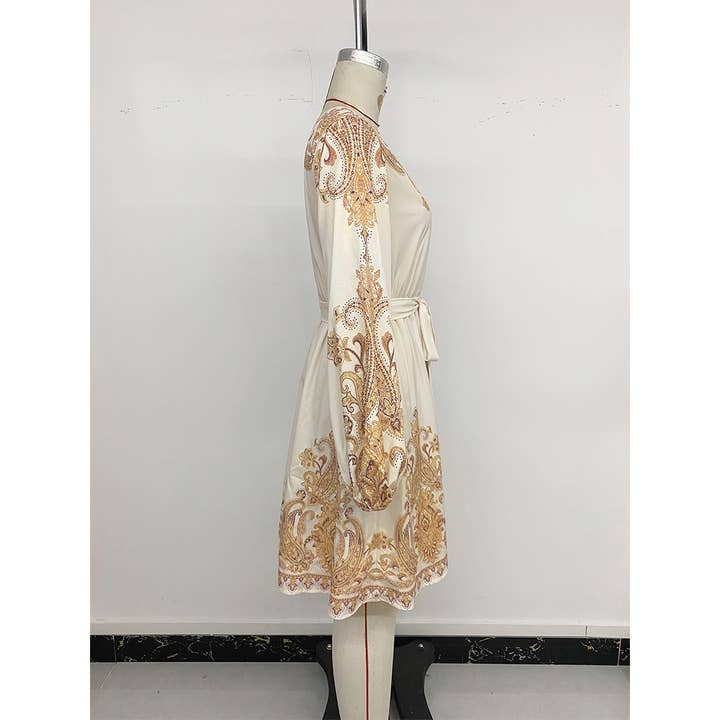 Aprikosen Elegantes ethnisches Vintage-Kleid mit V-Ausschnitt und Paisley-Muster BFZY1651 für den Großhandel auf Faire5