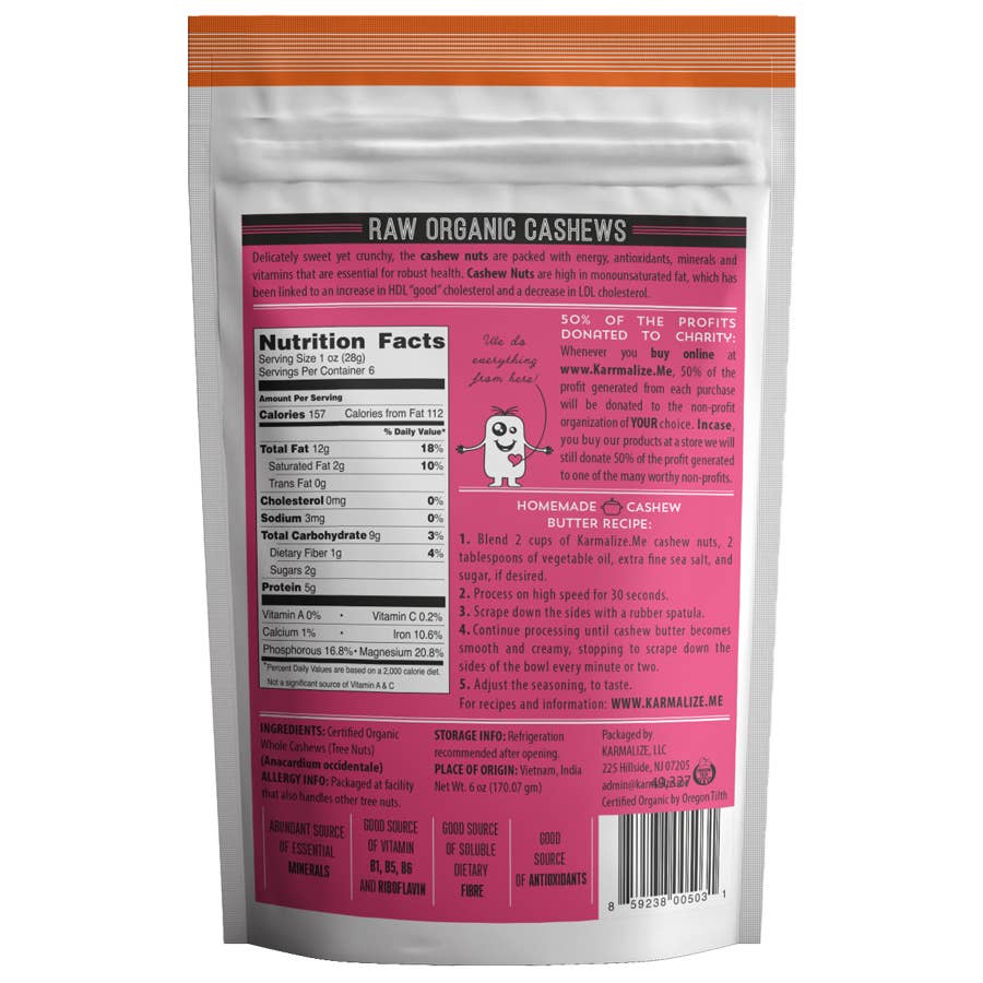Karmalize.Me - Wholesale Nuts -  Raw Organic Cashews - 6 oz1