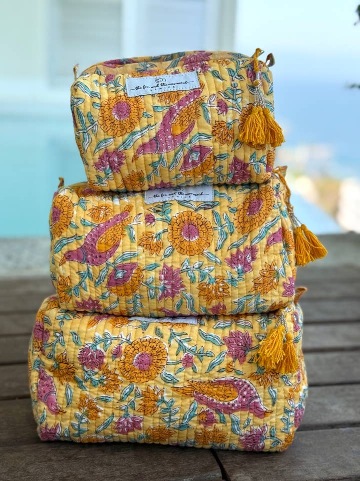 Block Printed Toiletry/Cosmetic/Travel Bags (Set of 3) for wholesale by The Fox and The Mermaid