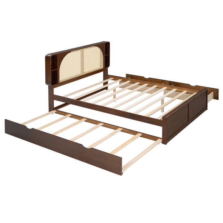 HOMYCASA DESIGN INC - Wholesale Bed - Queen Size Rattan Headboard Bed with Two Drawers and Trundle, Walnut6