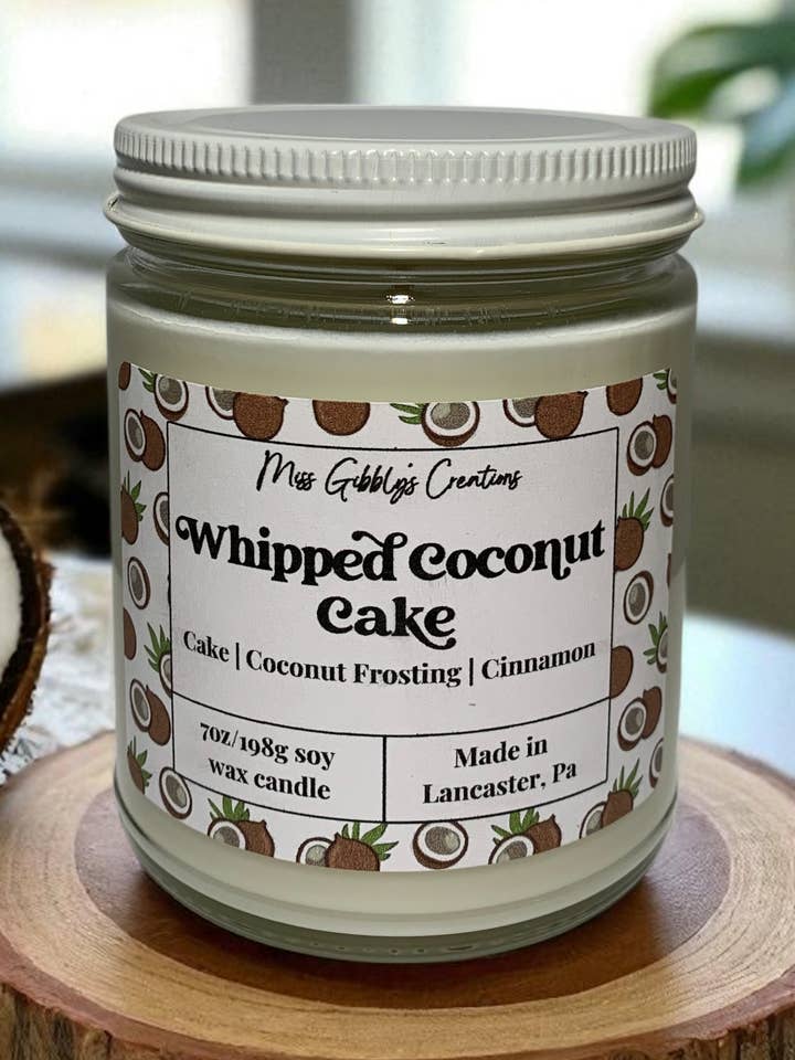 Whipped Coconut Cake- 7oz Glass Jar Soy Candle for wholesale by Miss Gibbly’s Creations