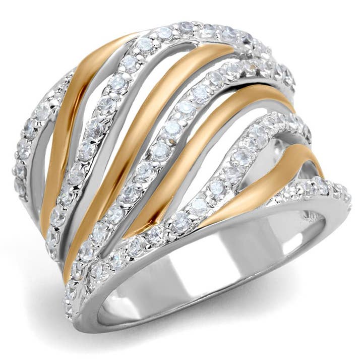 3W857 - Rose Gold + Rhodium Brass Ring with AAA Grade CZ in Clear for wholesale by Alamode