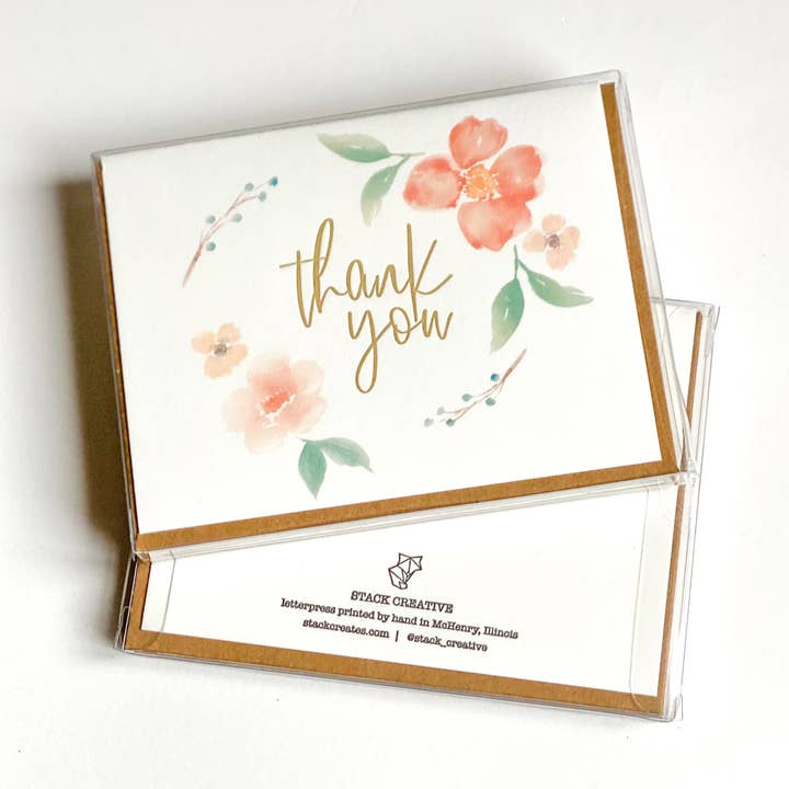 Thank You Card Set - Watercolor Florals & Letterpress for wholesale by Stack Paper Press