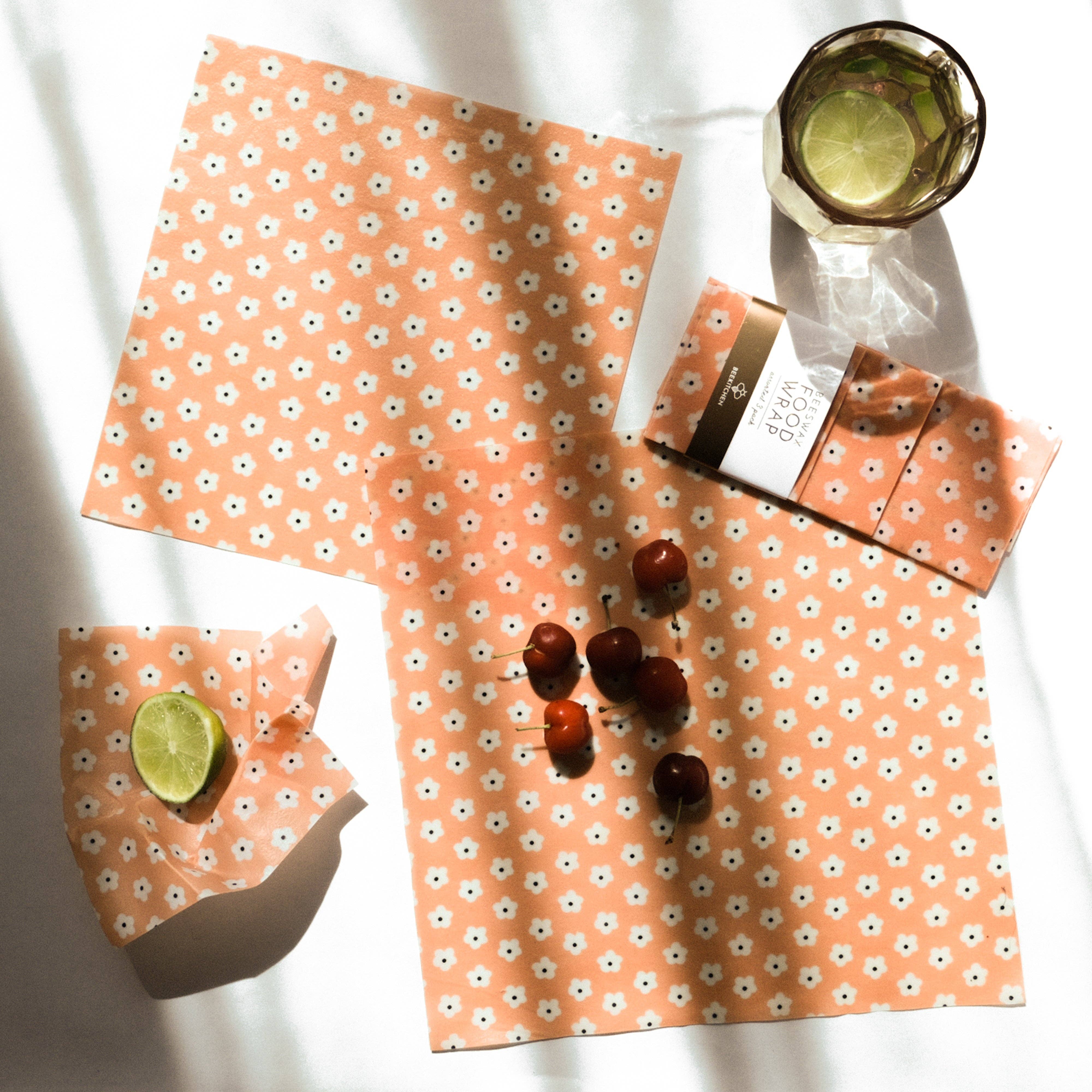 Bee Kitchen - Wholesale Food Storage Wrap/Bag - 3 Pack - Beeswax Food Wraps Pink Flowers2