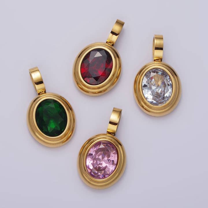 Stainless Steel Clear, Green, Red, Pink Multifaceted CZ Oval Pendant | P-839~P-840 for wholesale by Aim Eternal