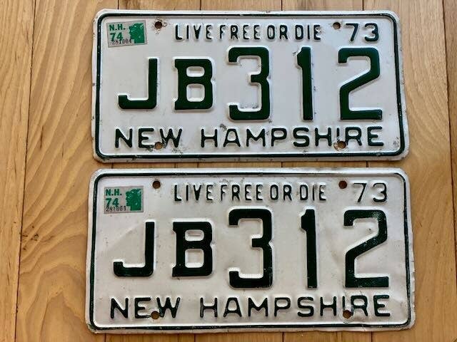 1973 New Hampshire License Plate Pair W/1974 Tabs for wholesale by RusticPlates