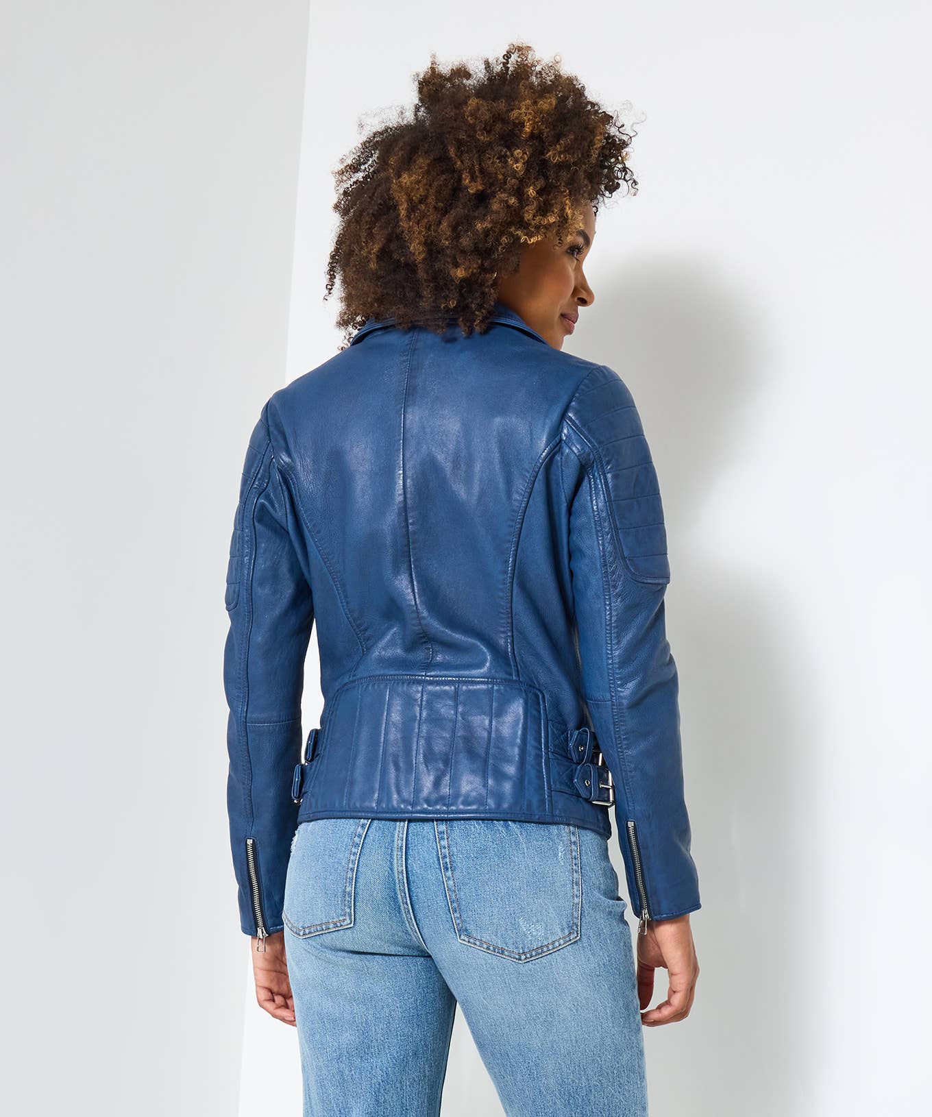 Azul Casaco de Cabedal Azul Rubi com Gola de Motociclista para venda a revendedores na Faire4