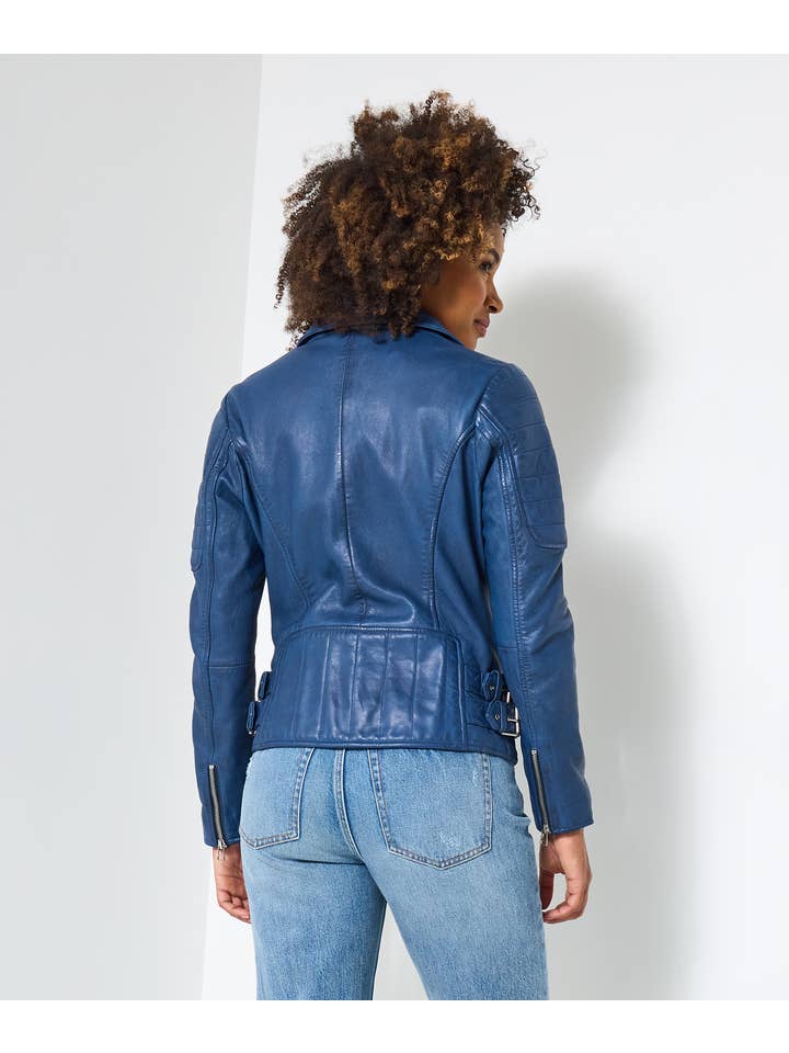 Azul Casaco de Cabedal Azul Rubi com Gola de Motociclista para venda a revendedores na Faire4