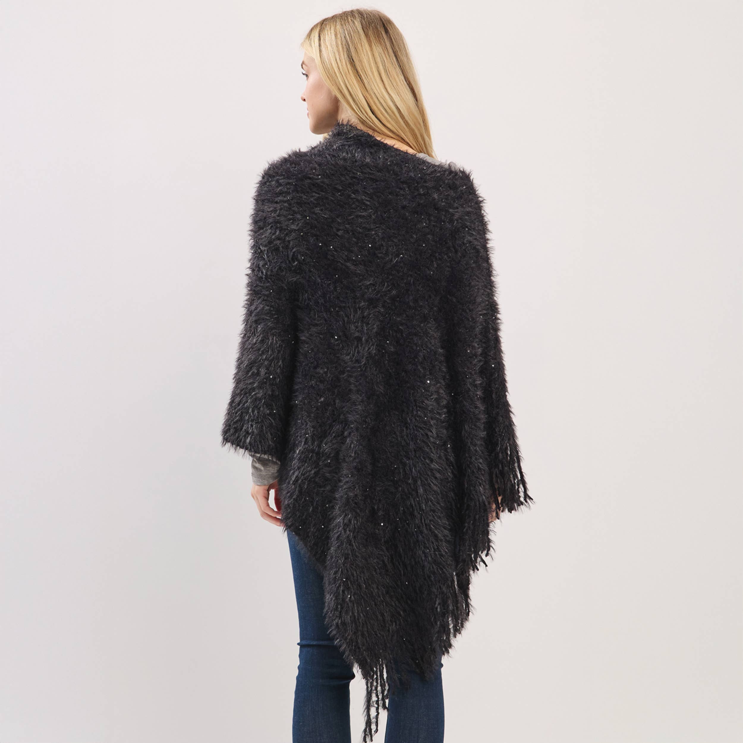 Hana – wholesale Poncho – Women's – Fuzzy Sequin with Fringe Light Weight Poncho5