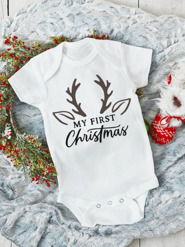 Baby’s First Christmas Onesie Deer Design for wholesale by Bump Bump Baby Co