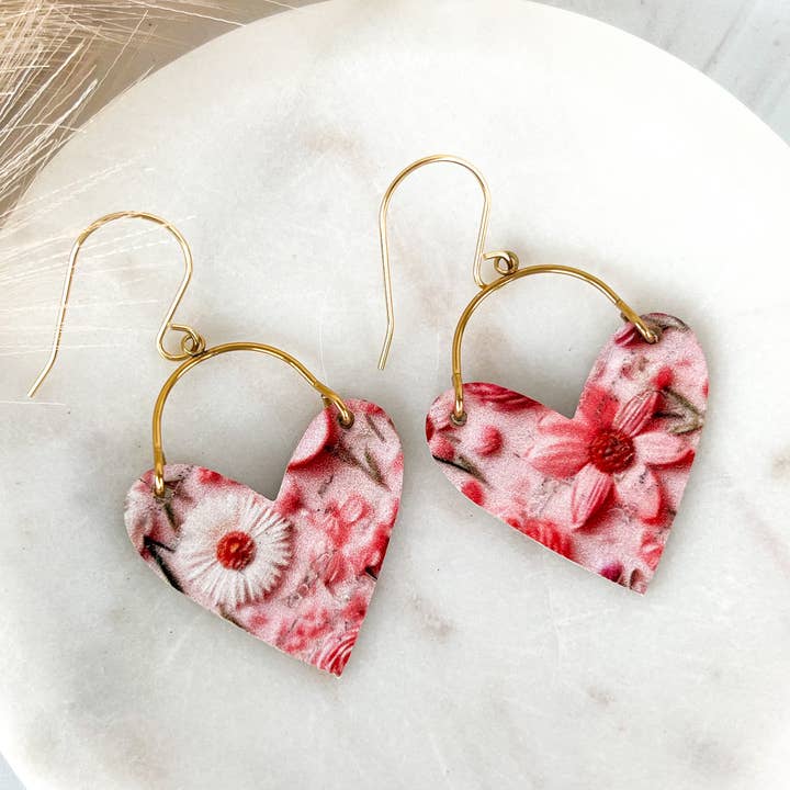 Pink Floral Heart Shaped Dangle Earrings for wholesale by Fran and Bel