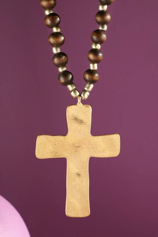 Urbanista - Wholesale Pendant/Charm Necklace - Wood Beaded Necklace with Hammered Cross Pendant4