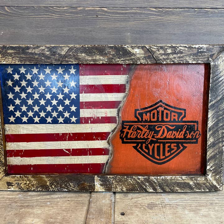 My Amigos Imports - Wholesale Sign - Harley Davidsonâ„¢ Flag-Framed-Rustic-USA-28x17 inches-NEW