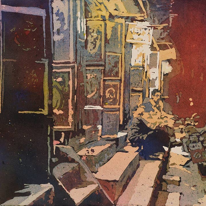 Pintura de vendedores de tapetes na cidade de oásis saariana de Douz- Tunísia. Pintura de tapete tunisino. Fotografia Tunísia aguarela decoração de parede vermelho (estampado) por atacado de Ryan Fox Fine Art