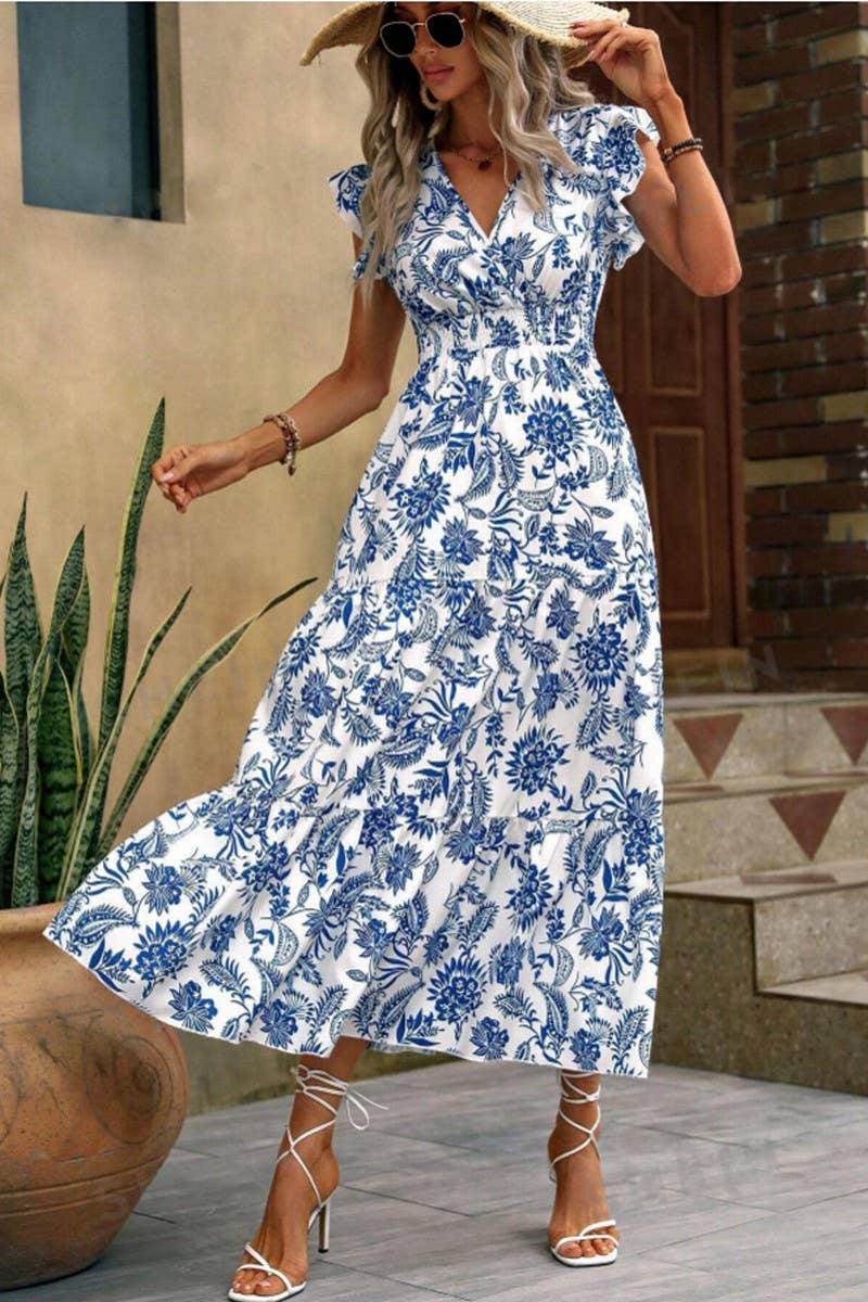 BLUE FLORAL PRINT DRESS WITH BUTTERFLY SLEEVES HEMMED for wholesale on Faire1