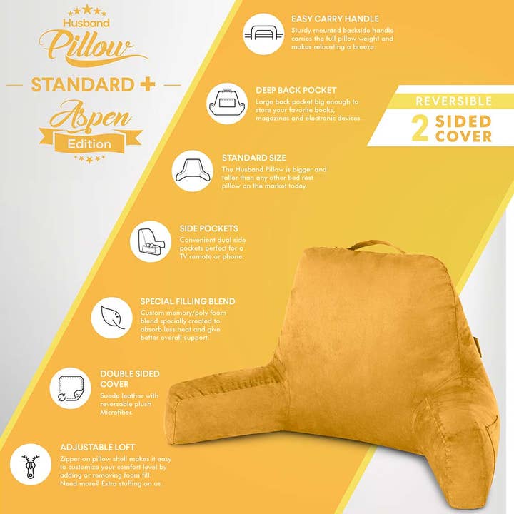Husband Pillow - Wholesale Bedding pillow - Standard+ Husband Pillow Aspen Edition Backrest Pillow with Arms & Two-Sided Reversible Fabric75