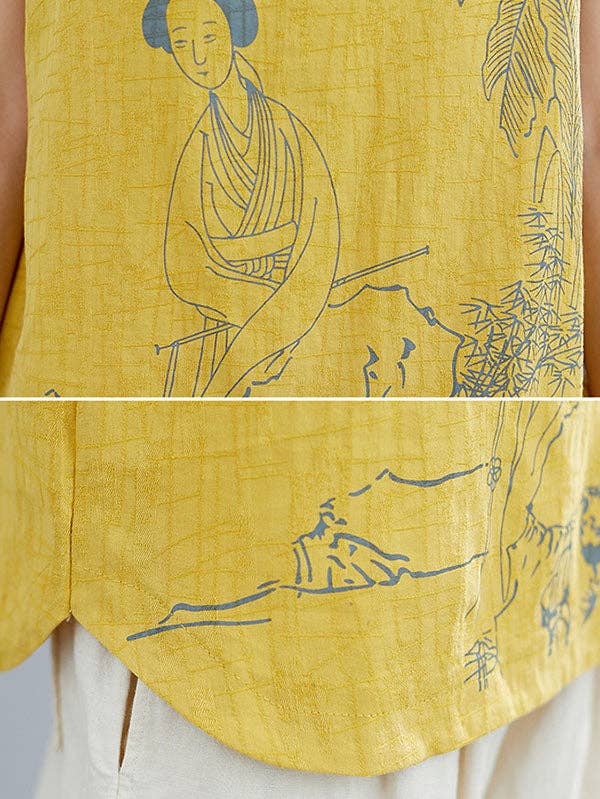 Sheer Trend - Vente Chemisier – femme - T-shirt sans manches à col montant boutonné imprimé de style chinois artistique rétro21