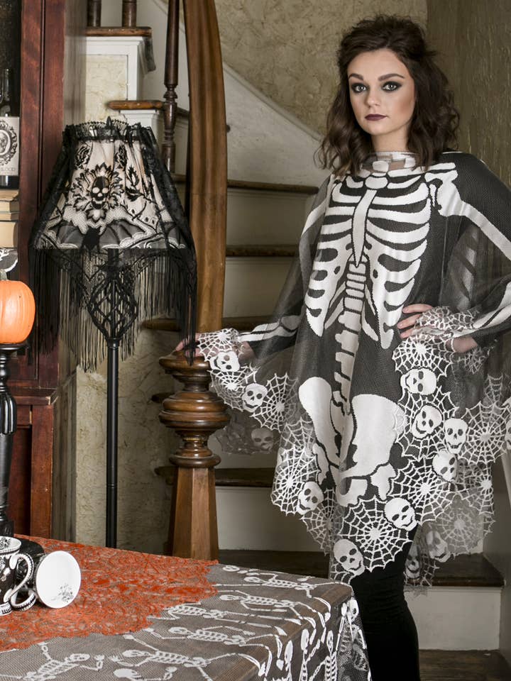 Heritage Lace - Wholesale Poncho - Women's - Skeleton 60x60 Pewter Lace Halloween Poncho Costume 2