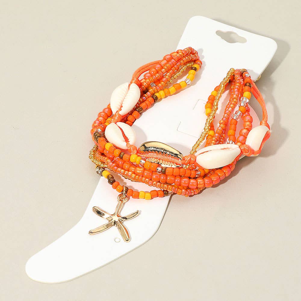 Sensibling Corp. - Wholesale Jewelry Set - 6PCS - Starfish Charm Accented Conch Shell Seed Beaded Multi Layered Anklets9