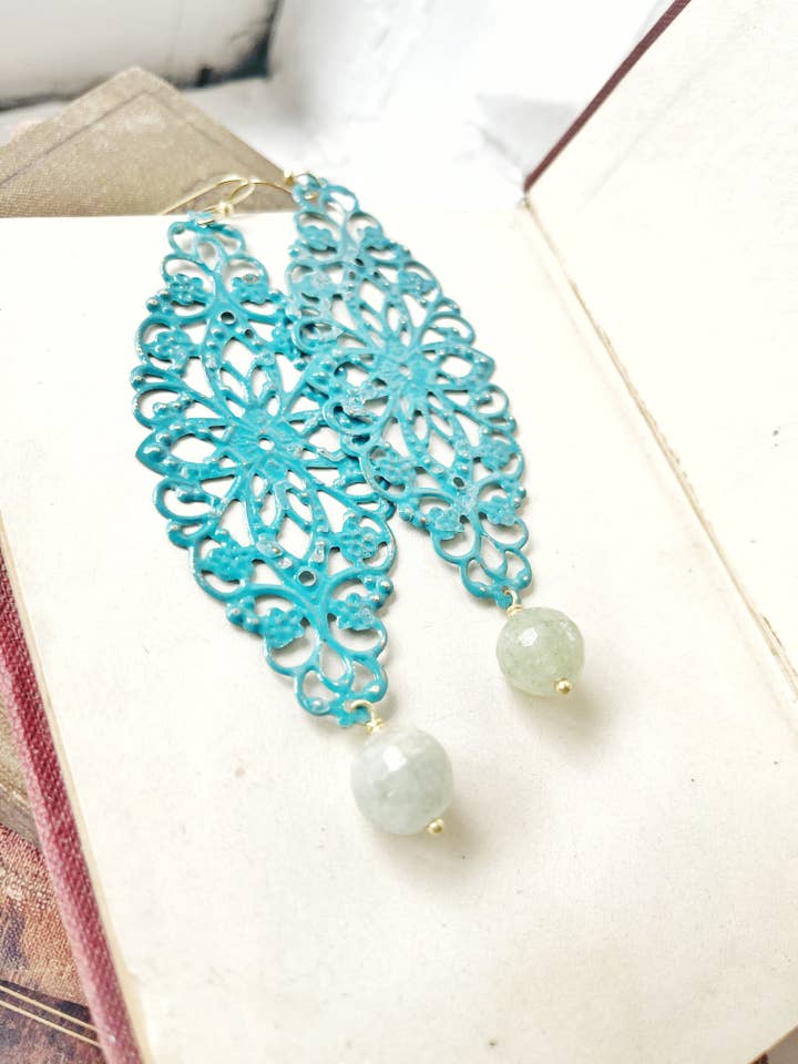 Orecchini in filigrana turchese dipinti a mano con acquamarina per la vendita all'ingrosso da parte di Rage Gems & Jewelry