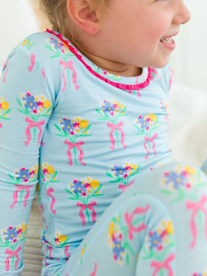 Blue SoftSnooze™ Toddler Girls Bamboo Viscose Bows and Bouquets Ruffle Long Sleeve Pajama Set with Signature Rear Ruffles
 for wholesale on Faire5