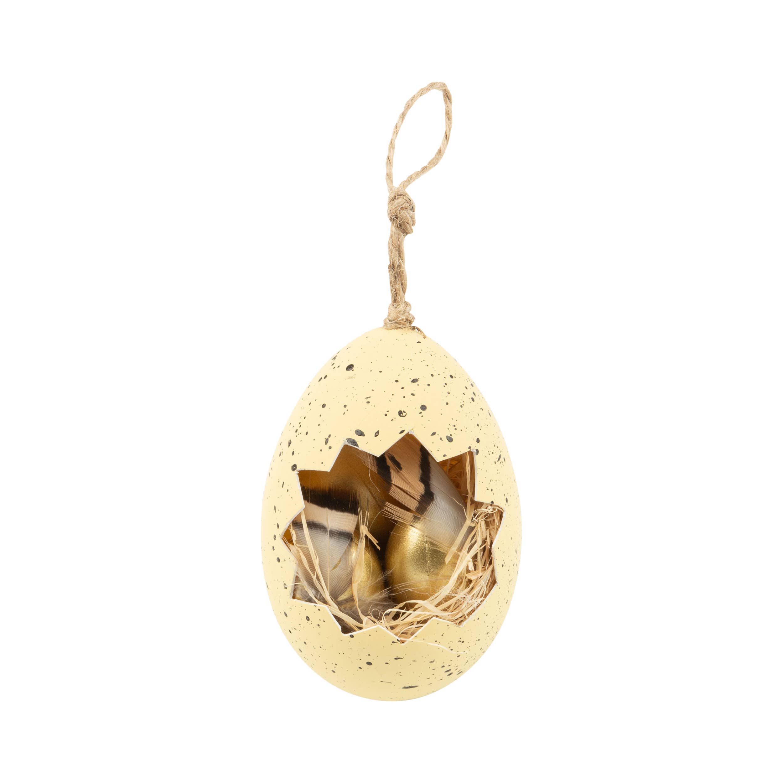 Silver Tree Home & Holiday - Wholesale Ornament - A23755: Cut out egg orn,2 glden eggs in nest,plastic,3in0