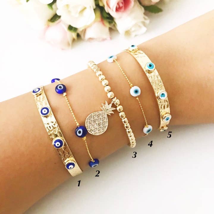 Evileyefavor - Wholesale Jewellery set - Gold Evil Eye Bracelet Set, Bangle Bracelet, Tiny Evil Eye Bead Bracelet