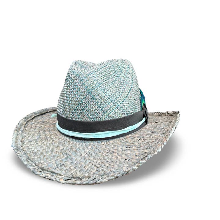 Tetra - Fedora en paille gris vert en médias mixtes pour la vente par Cha Cha's House of Ill Repute