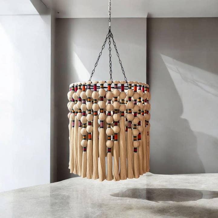 Joy's Arts - Wholesale Chandelier/Hanging Light - Large Boho Chandelier,  Handwoven Cotton Tassel Light, Custom Gobelin Pendant for Hotel Lobby or Statenebt Light, Boho Fringe Pendant Light,2