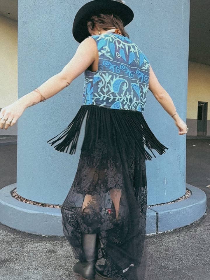 Wylder Trading Company - Wholesale Outerwear Vest - Women's - Boho Western Fringe Cowgirl Hippie Vest Leather Kantha20